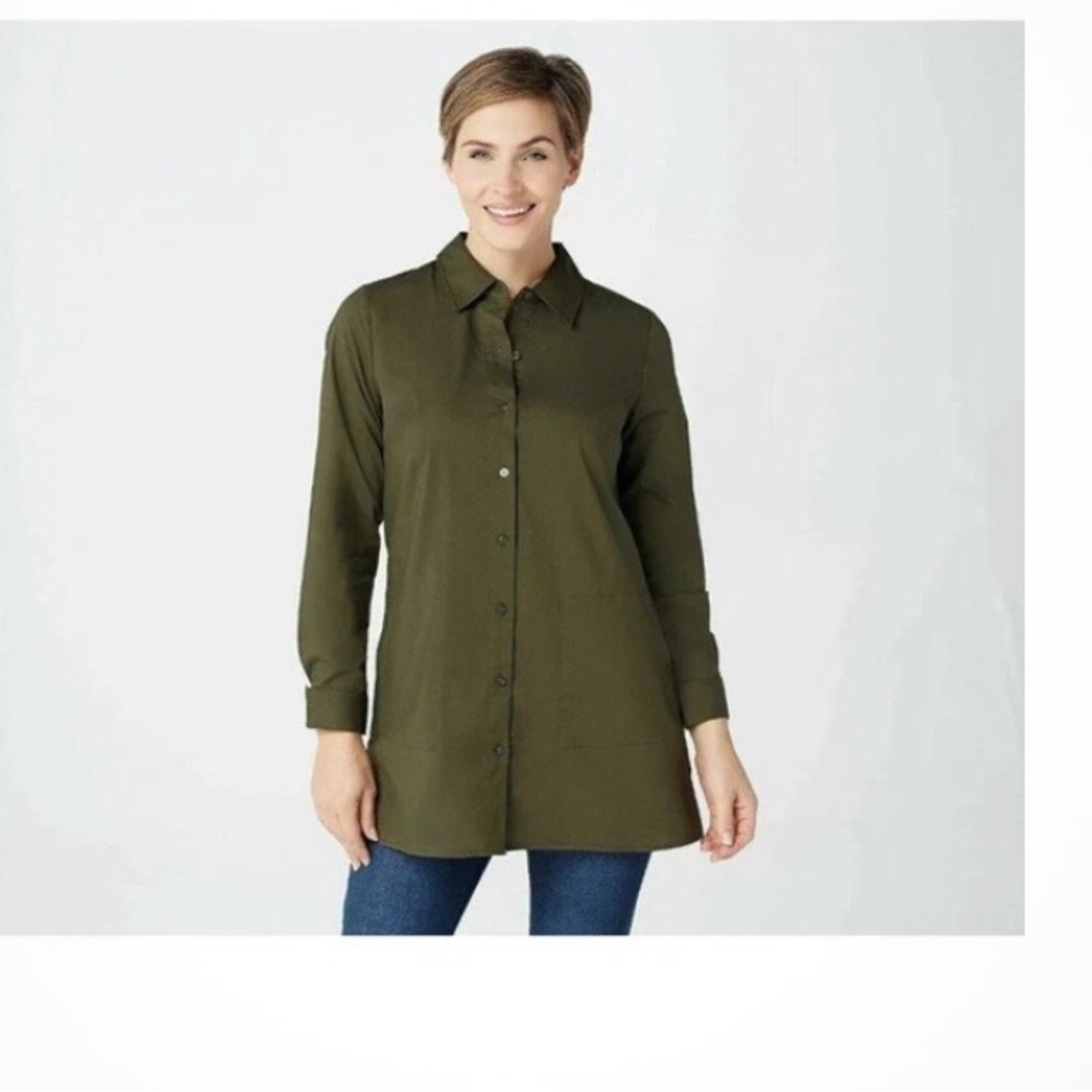 Denim & Co olive green long sleeve buttoned collared tunic length blouse size XL
